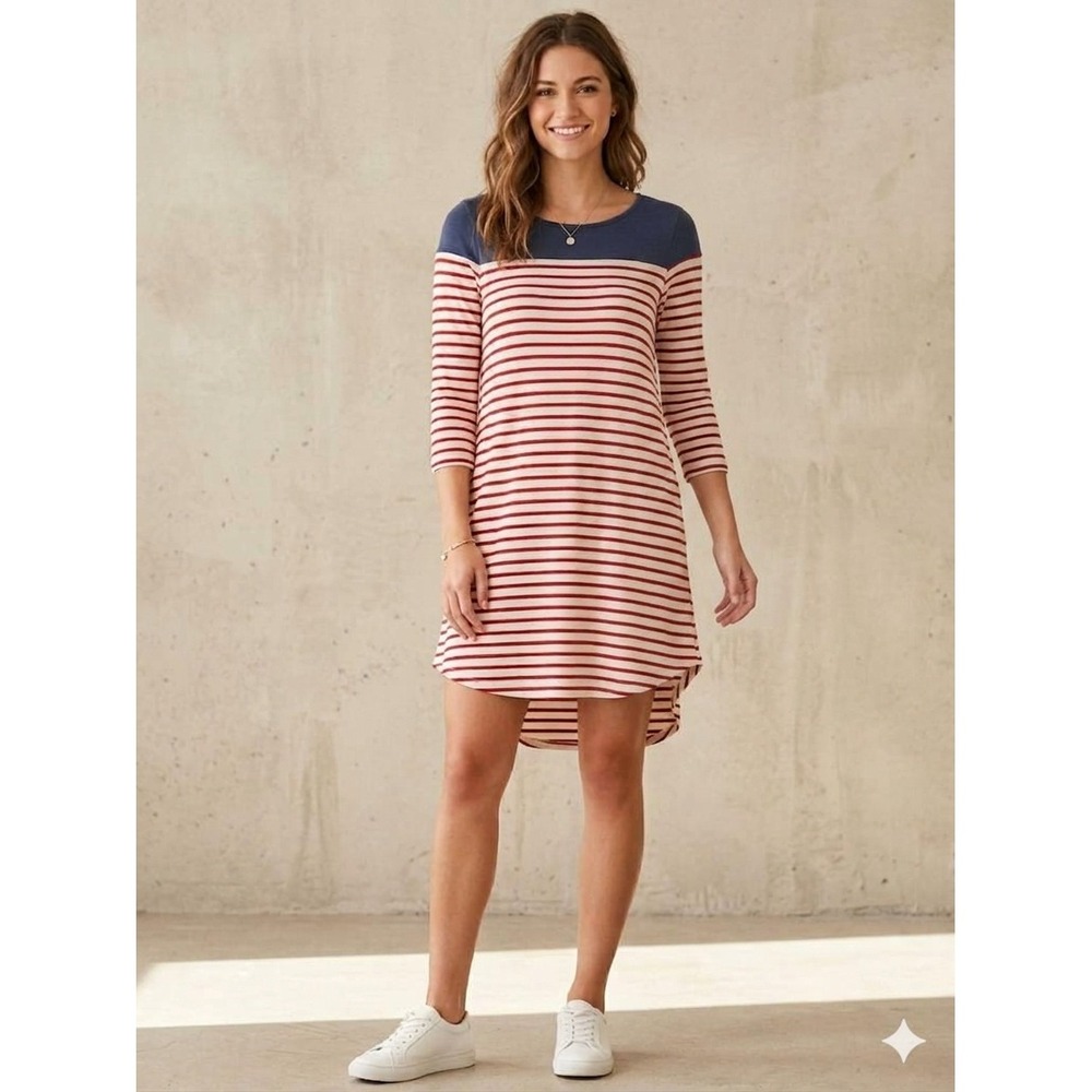Umgee USA Womens Striped High Low T-Shirt Dress Navy Red 3/4 Sleeve Small